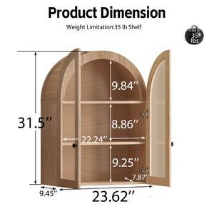 English Elm Arched Wood Veneer Floating Cabinet with Tempered Glass Doors for Bathroom or Living Room Light Brown W1445P512403