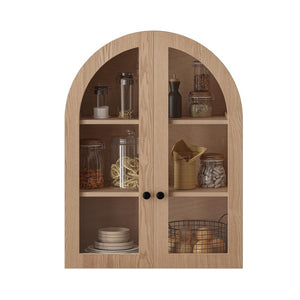 English Elm Arched Wood Veneer Floating Cabinet with Tempered Glass Doors for Bathroom or Living Room Light Brown W1445P512403
