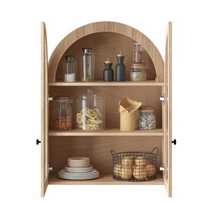 English Elm Arched Wood Veneer Floating Cabinet with Tempered Glass Doors for Bathroom or Living Room Light Brown W1445P512403