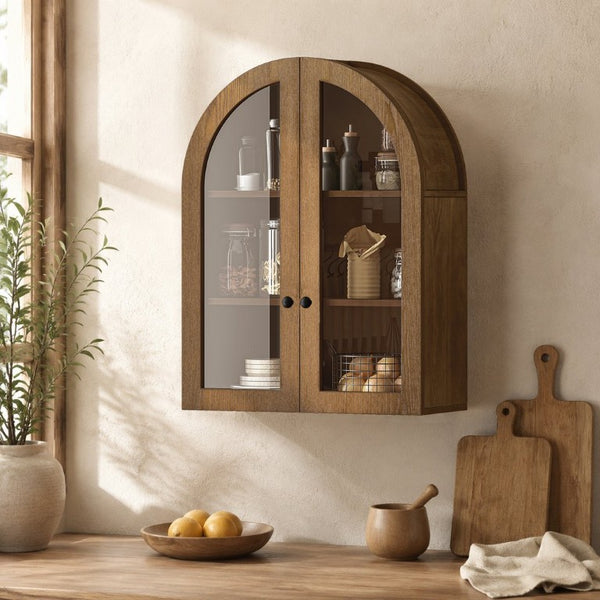 English Elm Arched Wood Veneer Floating Cabinet with Tempered Glass Doors for Bathroom or Living Room Walnut Brown W1445P512404