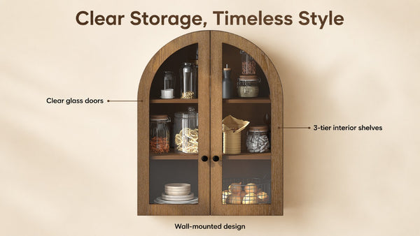 English Elm Arched Wood Veneer Floating Cabinet with Tempered Glass Doors for Bathroom or Living Room Walnut Brown W1445P512404