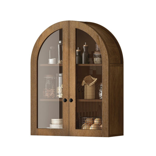 English Elm Arched Wood Veneer Floating Cabinet with Tempered Glass Doors for Bathroom or Living Room Walnut Brown W1445P512404