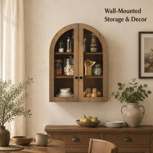 English Elm Arched Wood Veneer Floating Cabinet with Tempered Glass Doors for Bathroom or Living Room Walnut Brown W1445P512404