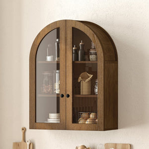 English Elm Arched Wood Veneer Floating Cabinet with Tempered Glass Doors for Bathroom or Living Room Walnut Brown W1445P512404