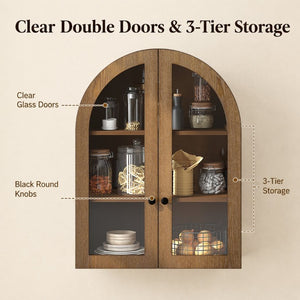 English Elm Arched Wood Veneer Floating Cabinet with Tempered Glass Doors for Bathroom or Living Room Walnut Brown W1445P512404