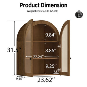 English Elm Arched Wood Veneer Floating Cabinet with Tempered Glass Doors for Bathroom or Living Room Walnut Brown W1445P512404