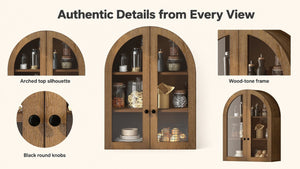 English Elm Arched Wood Veneer Floating Cabinet with Tempered Glass Doors for Bathroom or Living Room Walnut Brown W1445P512404
