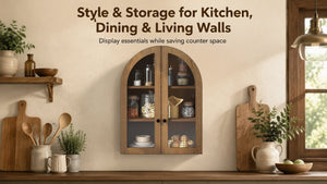 English Elm Arched Wood Veneer Floating Cabinet with Tempered Glass Doors for Bathroom or Living Room Walnut Brown W1445P512404