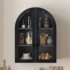 English Elm Arched Wood Veneer Floating Cabinet with Tempered Glass Doors for Bathroom or Living Room Black W1445P512405