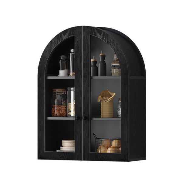 English Elm Arched Wood Veneer Floating Cabinet with Tempered Glass Doors for Bathroom or Living Room Black W1445P512405