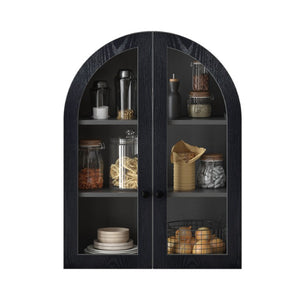English Elm Arched Wood Veneer Floating Cabinet with Tempered Glass Doors for Bathroom or Living Room Black W1445P512405