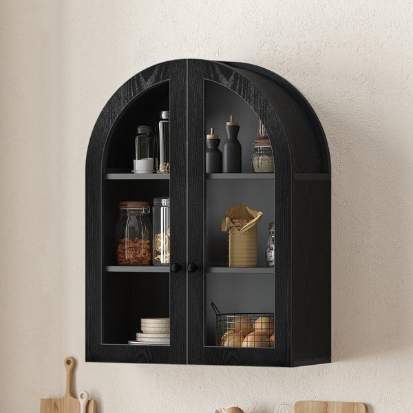English Elm Arched Wood Veneer Floating Cabinet with Tempered Glass Doors for Bathroom or Living Room Black W1445P512405