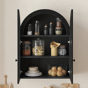 English Elm Arched Wood Veneer Floating Cabinet with Tempered Glass Doors for Bathroom or Living Room Black W1445P512405
