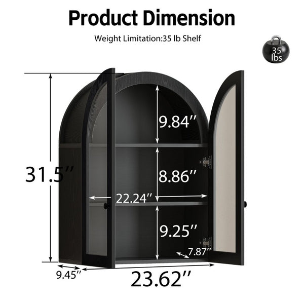 English Elm Arched Wood Veneer Floating Cabinet with Tempered Glass Doors for Bathroom or Living Room Black W1445P512405