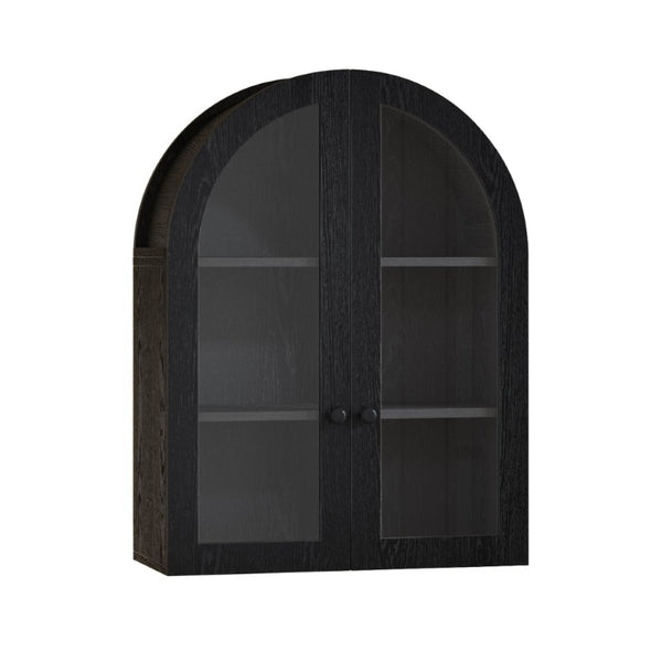 English Elm Arched Wood Veneer Floating Cabinet with Tempered Glass Doors for Bathroom or Living Room Black W1445P512405