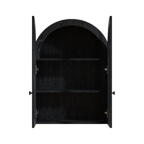 English Elm Arched Wood Veneer Floating Cabinet with Tempered Glass Doors for Bathroom or Living Room Black W1445P512405