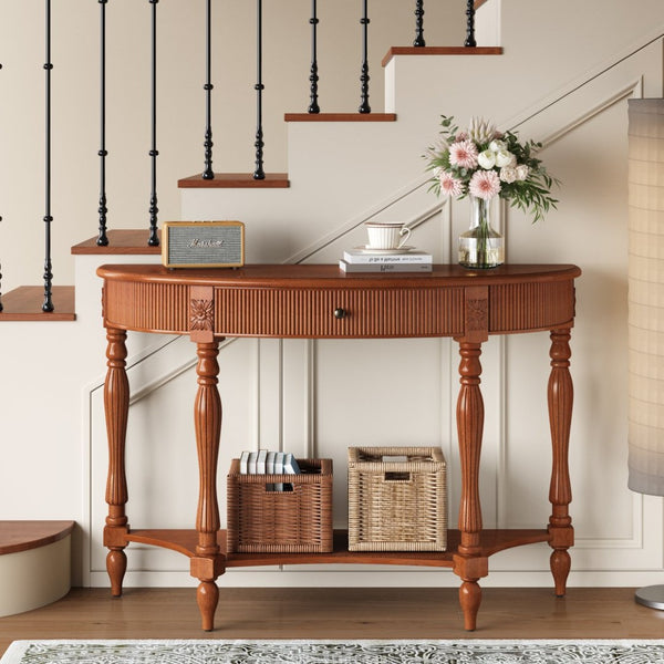 English Elm Solid Wood Half Moon Entryway Console Fluted Drawer Roman Column Carved Legs Foyer Rustic Brown W1445P513087