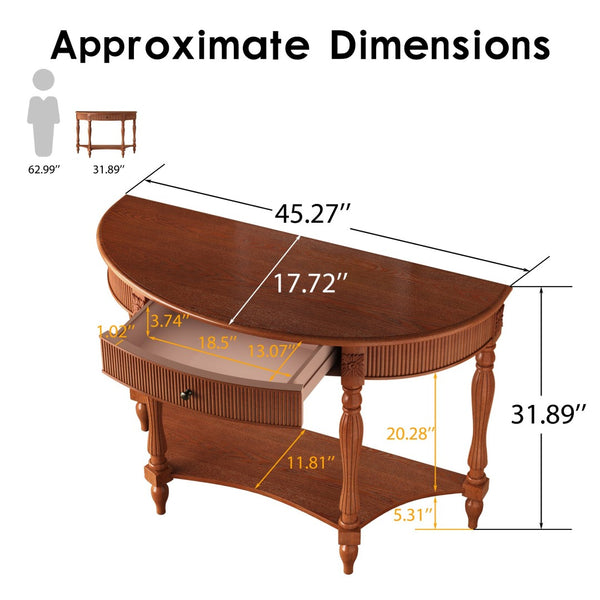 English Elm Solid Wood Half Moon Entryway Console Fluted Drawer Roman Column Carved Legs Foyer Rustic Brown W1445P513087