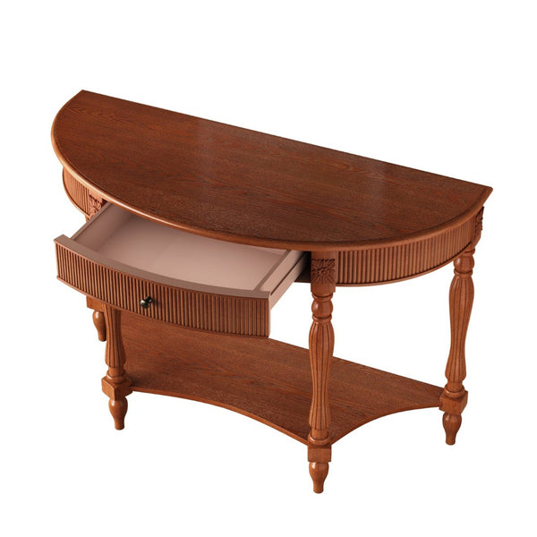 English Elm Solid Wood Half Moon Entryway Console Fluted Drawer Roman Column Carved Legs Foyer Rustic Brown W1445P513087