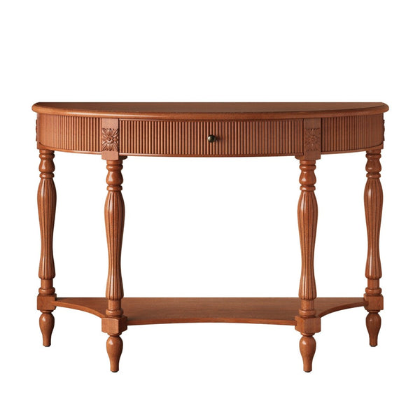 English Elm Solid Wood Half Moon Entryway Console Fluted Drawer Roman Column Carved Legs Foyer Rustic Brown W1445P513087
