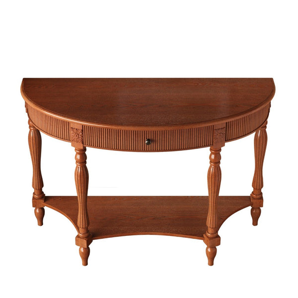 English Elm Solid Wood Half Moon Entryway Console Fluted Drawer Roman Column Carved Legs Foyer Rustic Brown W1445P513087