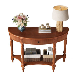 English Elm Solid Wood Half Moon Entryway Console Fluted Drawer Roman Column Carved Legs Foyer Rustic Brown W1445P513087