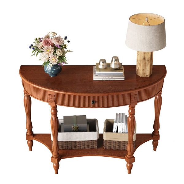English Elm Solid Wood Half Moon Entryway Console Fluted Drawer Roman Column Carved Legs Foyer Rustic Brown W1445P513087