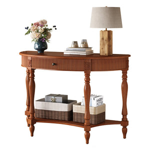 English Elm Solid Wood Half Moon Entryway Console Fluted Drawer Roman Column Carved Legs Foyer Rustic Brown W1445P513087