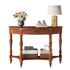 English Elm Solid Wood Half Moon Entryway Console Fluted Drawer Roman Column Carved Legs Foyer Rustic Brown W1445P513087