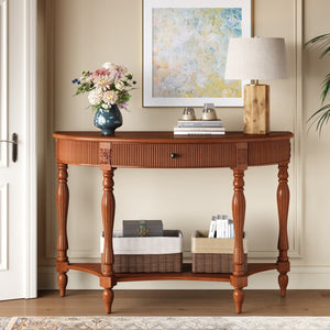 English Elm Solid Wood Half Moon Entryway Console Fluted Drawer Roman Column Carved Legs Foyer Rustic Brown W1445P513087