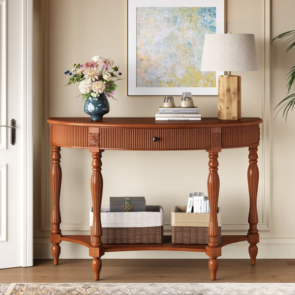 English Elm Solid Wood Half Moon Entryway Console Fluted Drawer Roman Column Carved Legs Foyer Rustic Brown W1445P513087