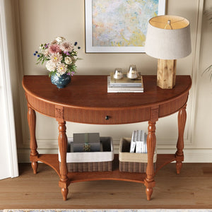 English Elm Solid Wood Half Moon Entryway Console Fluted Drawer Roman Column Carved Legs Foyer Rustic Brown W1445P513087