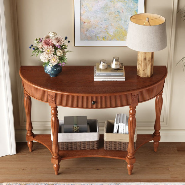 English Elm Solid Wood Half Moon Entryway Console Fluted Drawer Roman Column Carved Legs Foyer Rustic Brown W1445P513087