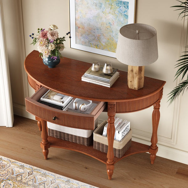 English Elm Solid Wood Half Moon Entryway Console Fluted Drawer Roman Column Carved Legs Foyer Rustic Brown W1445P513087