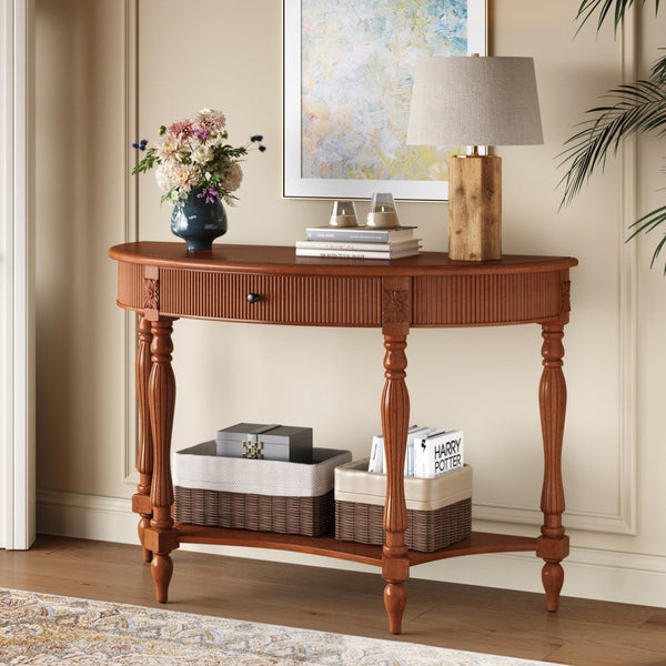 English Elm Solid Wood Half Moon Entryway Console Fluted Drawer Roman Column Carved Legs Foyer Rustic Brown W1445P513087