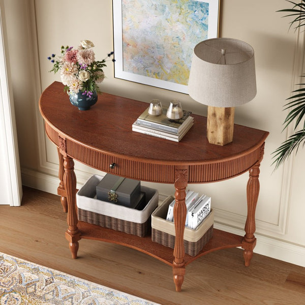 English Elm Solid Wood Half Moon Entryway Console Fluted Drawer Roman Column Carved Legs Foyer Rustic Brown W1445P513087