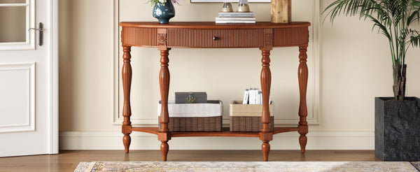 English Elm Solid Wood Half Moon Entryway Console Fluted Drawer Roman Column Carved Legs Foyer Rustic Brown W1445P513087