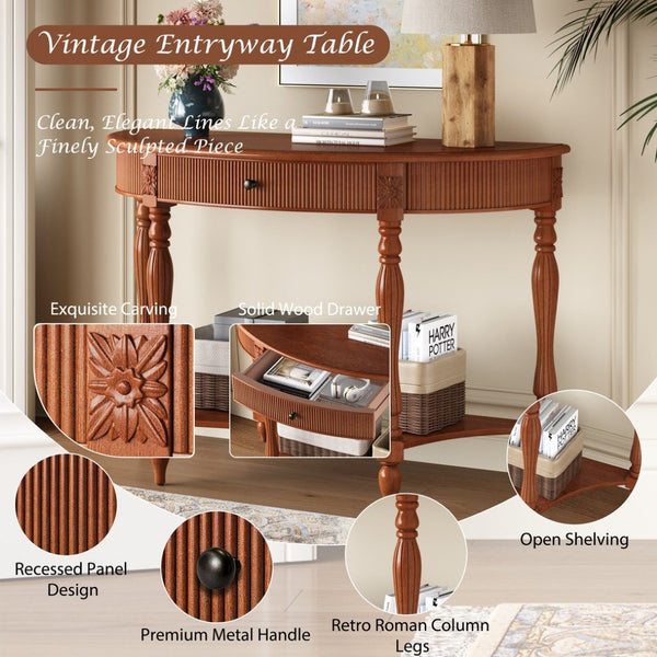 English Elm Solid Wood Half Moon Entryway Console Fluted Drawer Roman Column Carved Legs Foyer Rustic Brown W1445P513087