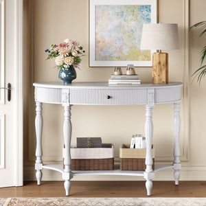 English Elm Solid Wood Half Moon Entryway Console Fluted Drawer Roman Column Carved Legs Foyer White W1445P513088