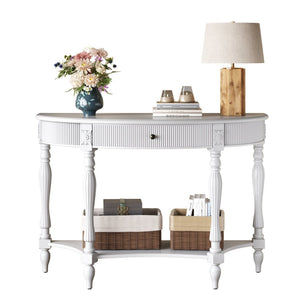 English Elm Solid Wood Half Moon Entryway Console Fluted Drawer Roman Column Carved Legs Foyer White W1445P513088