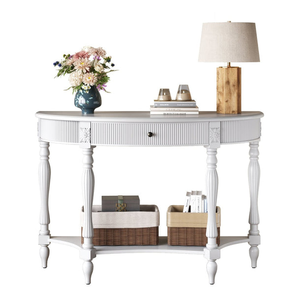 English Elm Solid Wood Half Moon Entryway Console Fluted Drawer Roman Column Carved Legs Foyer White W1445P513088
