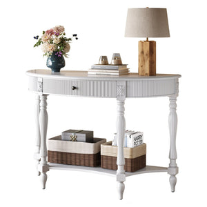 English Elm Solid Wood Half Moon Entryway Console Fluted Drawer Roman Column Carved Legs Foyer White W1445P513088