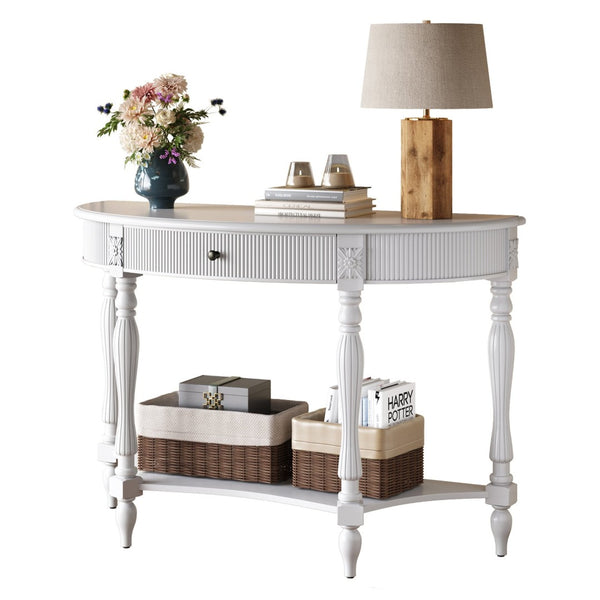 English Elm Solid Wood Half Moon Entryway Console Fluted Drawer Roman Column Carved Legs Foyer White W1445P513088