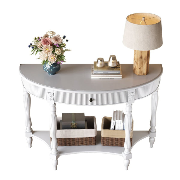 English Elm Solid Wood Half Moon Entryway Console Fluted Drawer Roman Column Carved Legs Foyer White W1445P513088