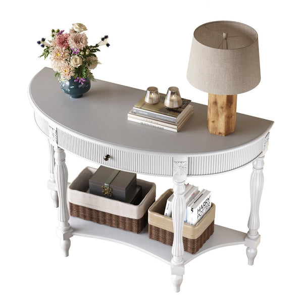 English Elm Solid Wood Half Moon Entryway Console Fluted Drawer Roman Column Carved Legs Foyer White W1445P513088