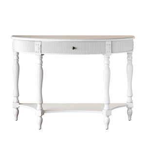 English Elm Solid Wood Half Moon Entryway Console Fluted Drawer Roman Column Carved Legs Foyer White W1445P513088