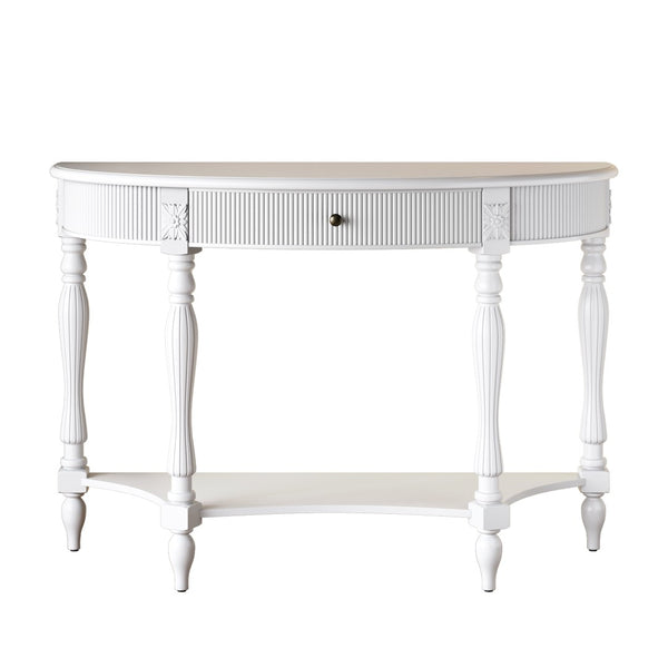 English Elm Solid Wood Half Moon Entryway Console Fluted Drawer Roman Column Carved Legs Foyer White W1445P513088