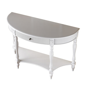English Elm Solid Wood Half Moon Entryway Console Fluted Drawer Roman Column Carved Legs Foyer White W1445P513088