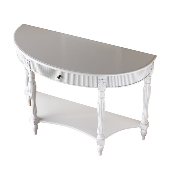 English Elm Solid Wood Half Moon Entryway Console Fluted Drawer Roman Column Carved Legs Foyer White W1445P513088