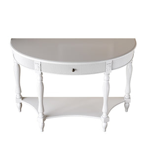 English Elm Solid Wood Half Moon Entryway Console Fluted Drawer Roman Column Carved Legs Foyer White W1445P513088